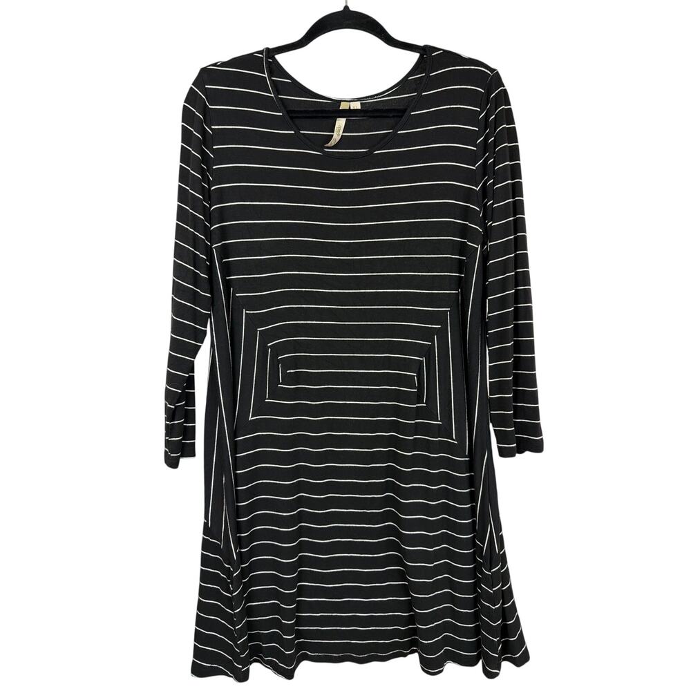 Comfy USA Black White Striped 3/4 Sleeve Long Tunic Top XL